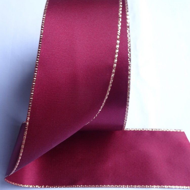 Berisfords Metallic Wire Edged Satin Ribbon- Wine- 50mm
