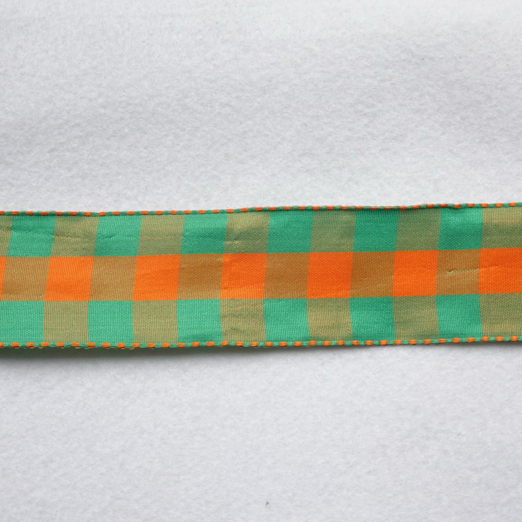 Wire Edged Polyester Ribbon- Green & Orange Check- 25mm 40mm Width