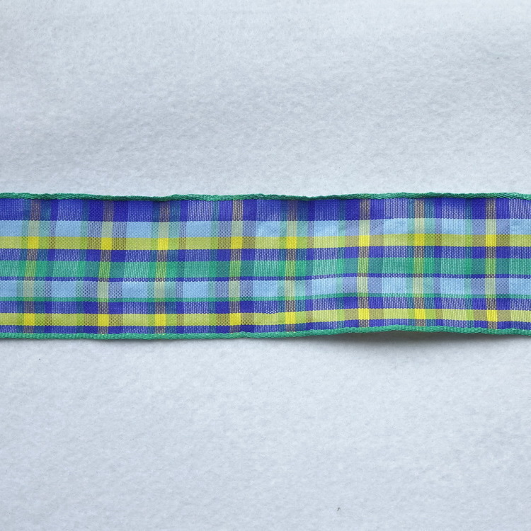 Wire Edged Polyester Ribbon- Blue, Yellow & Green Check- 40mm Wide