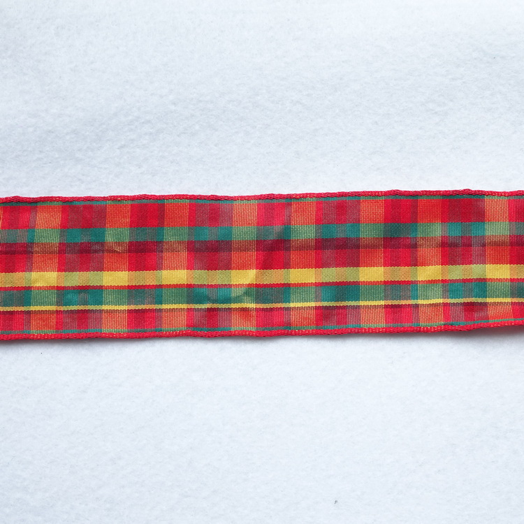 Wire Edged Polyester Ribbon- Red, Yellow & Green Check- 40mm Wide