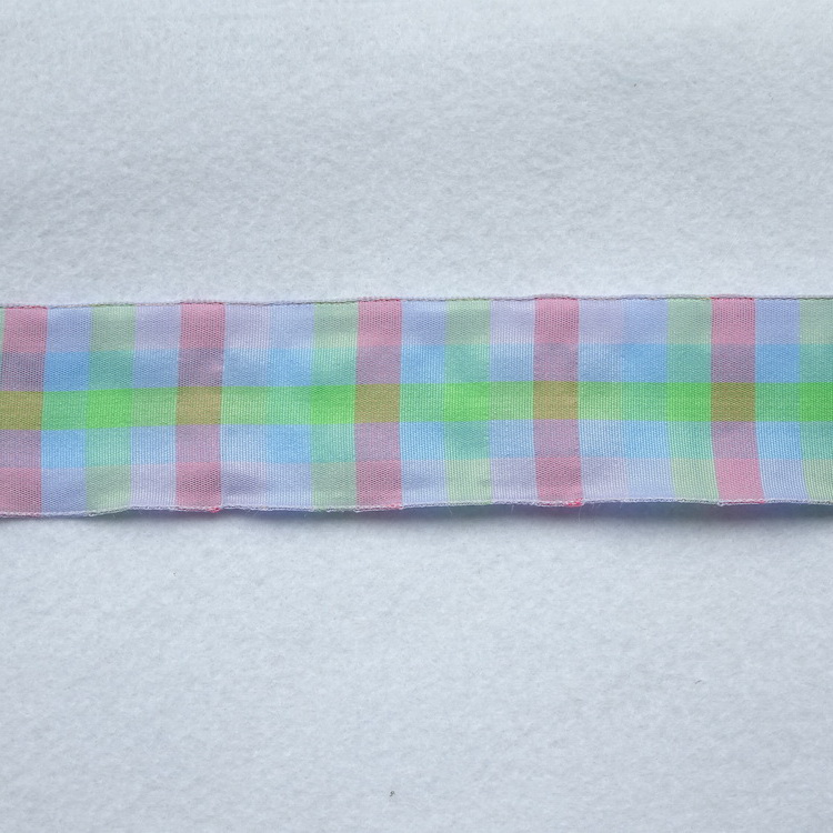 Wire Edged Polyester Ribbon- Lilac, Pink & Green Check- 40mm Wide