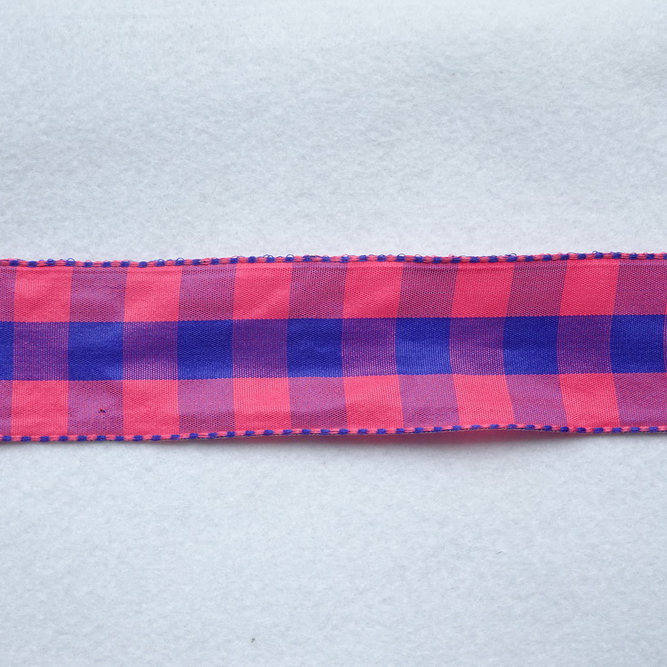 Wire Edged Polyester Ribbon- Pink & Blue Check- 40mm Wide