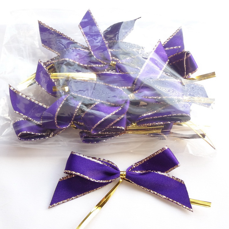 Berisfords Purple Satin Bows With Gold Lurex Edge - With Gold Wire Ties - 10 Per Pack
