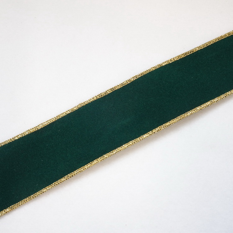Wire Edged Velvet Craft Ribbon- 50mm/65mm- Green With Gold Metallic Edge
